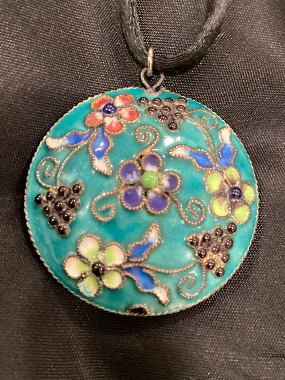 VTG Cloisonné Pendant Enamel on Silver Colorful Floral Design, Raised Beads